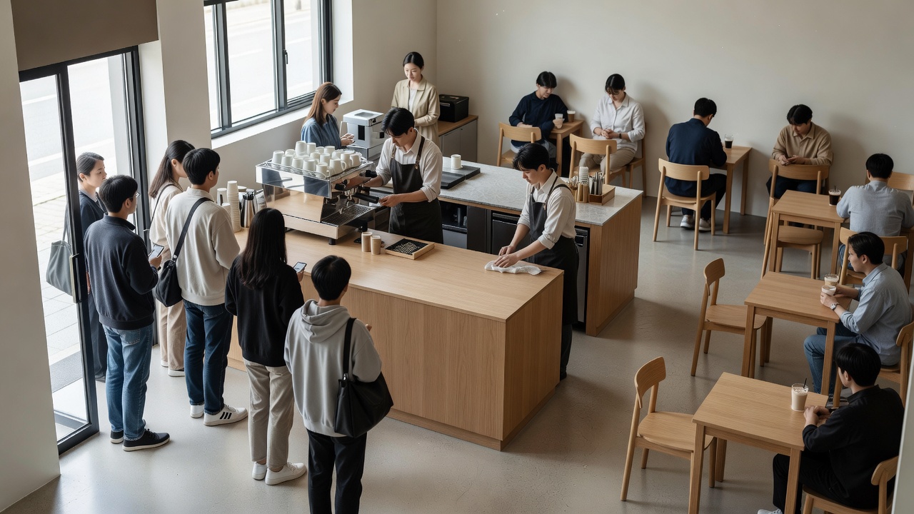 카페 인테리어 동선이 효율적으로 설계된 작은 매장 내부