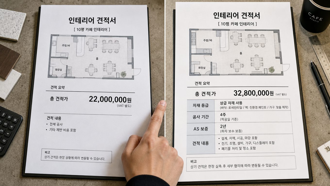 매장 인테리어 견적 비교 시 자재·기간·AS 조건을 함께 보는 이유