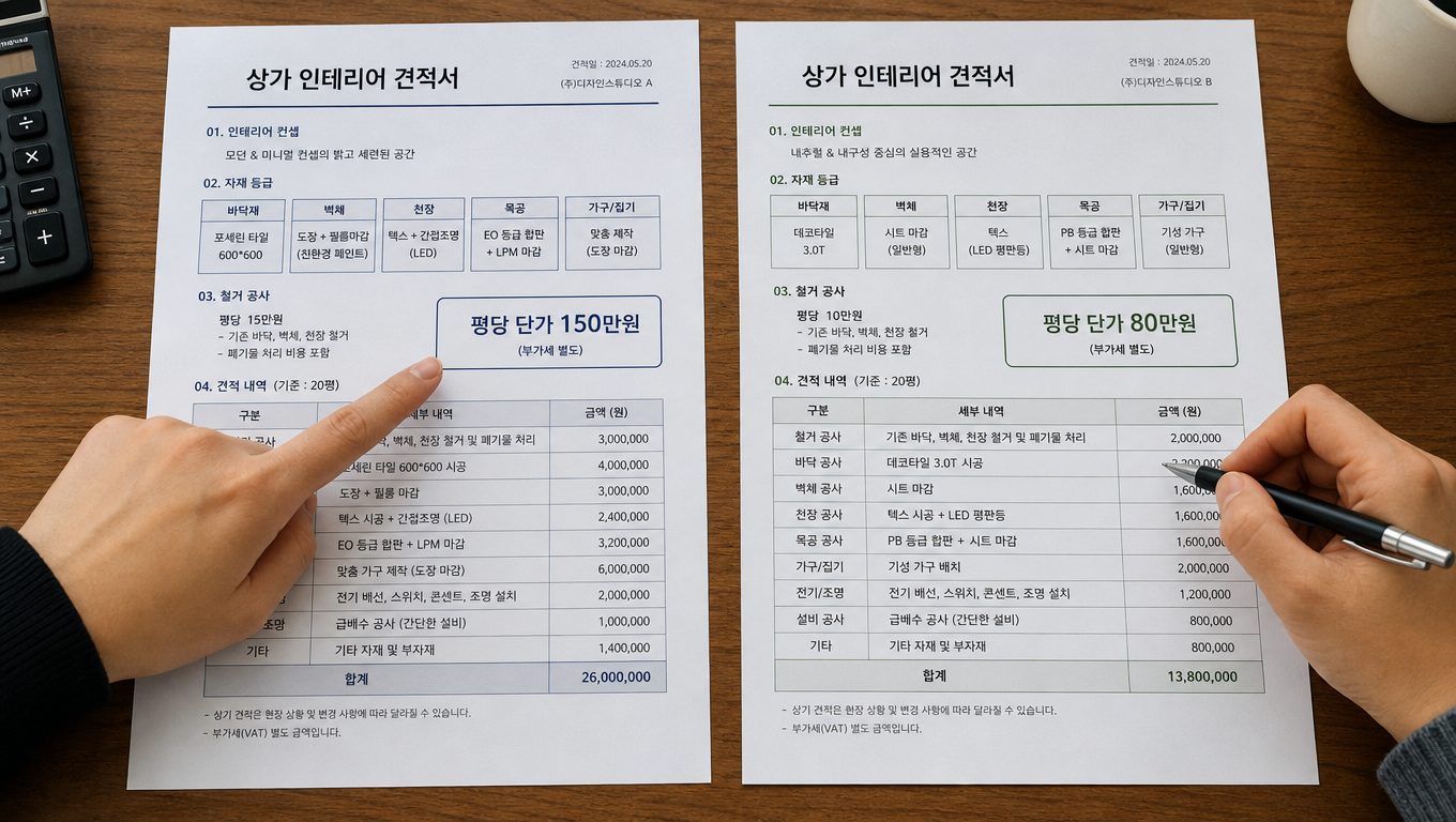 상업 인테리어 견적 비교할 때 반드시 확인해야 할 7가지 항목: 매장 인테리어 비용
