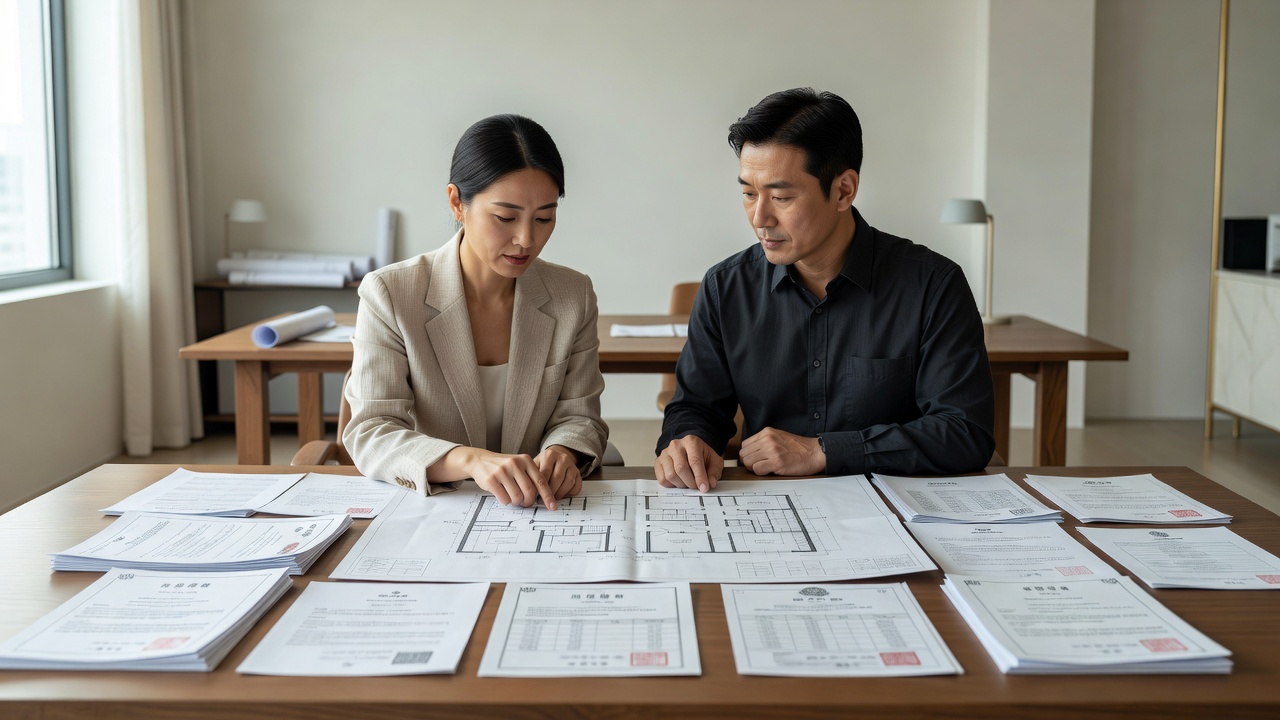 상업 인테리어 계약 체크리스트로 인허가 서류를 점검하는 장면